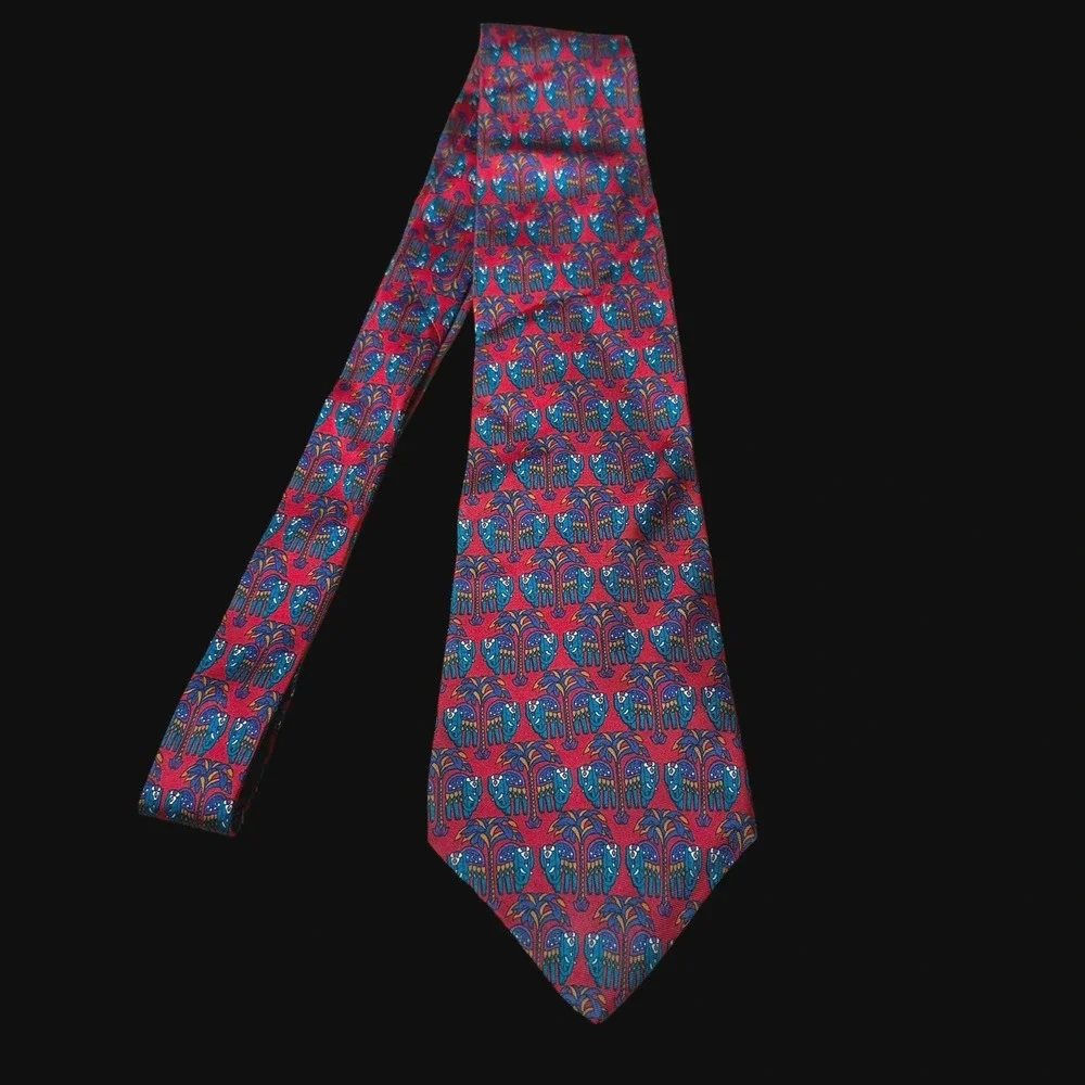 Sheaf & Caber Mens Silk Tie Red Blue Elephant Palm Tree Made in Italy Patterned